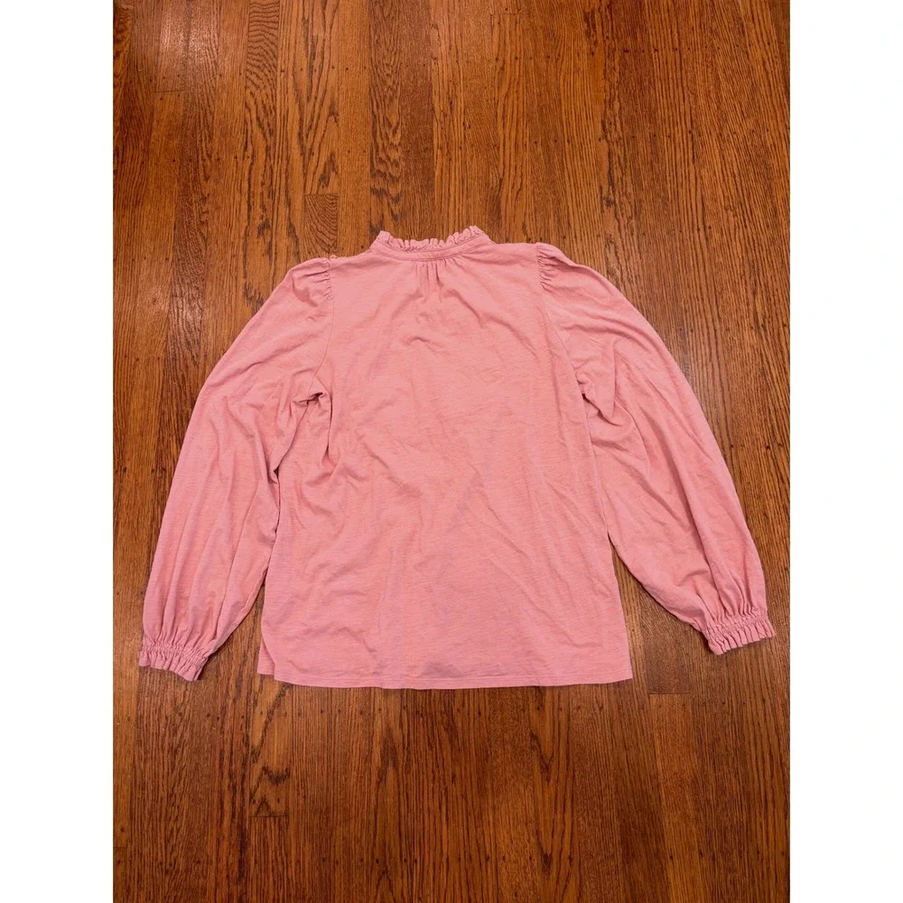 Boden Pink Embroidered Ruffle Bib Long Sleeve Slub Jersey Top Womens 8